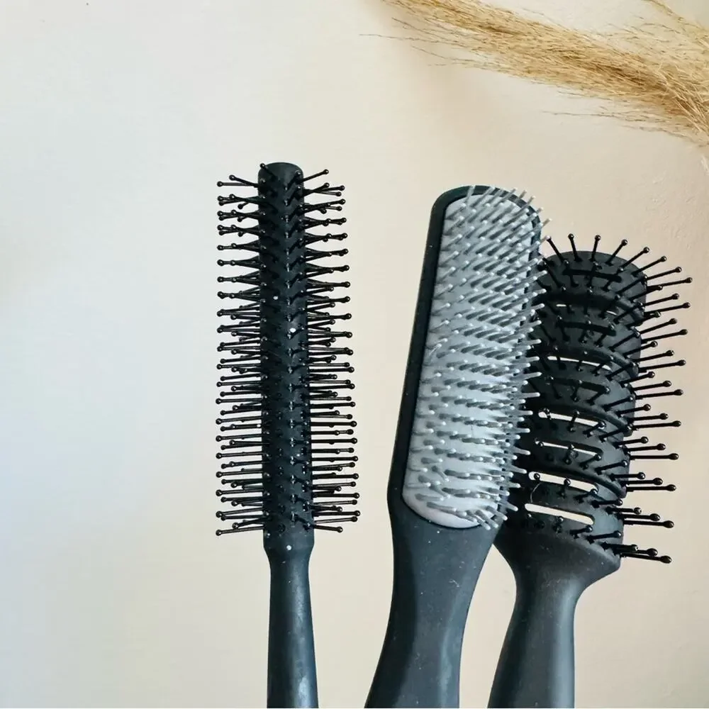 3 NEW SALON SILK Black Grey Round Vented Hairbrush Bundle Styling Tool Set